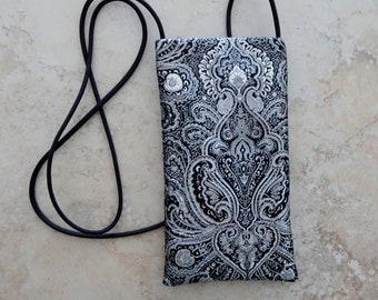 Black Silver Cell Phone Pouch, Eyeglass Purse, Strapped Fabric Cell Phone Carrier, Evening Phone Tote, Gift for Her, Minimal Purse