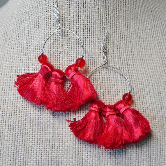 Red tassel hoop earrings best sale