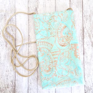 Pochette à sangles pour téléphone portable en tissu batik turquoise, porte-monnaie pour téléphone portable, pochette à lunettes, tropical, sac bohème, mini sacoche, sac à main pour téléphone à bandoulière