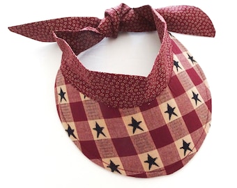 Patriotic Sun Visor: Burgundy Star Check, Adjustable Tie Headband