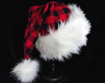 Red Buffalo Check Flannel Santa Hat: Extra Thick White Faux Fur Brim, Adult Size