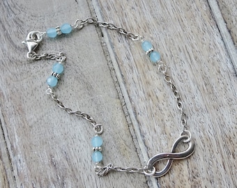 Blue Bead Silver Chain Ankle Bracelet -  Infinity Charm Anklet - Aqua Bead Ankle Bracelet - Beach Jewelry - Boho - Anklet - Ankle Bracelet