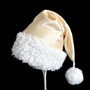 Creamy Beige Satin Santa Hat with White Fur Trim, Novelty Santa Claus Hat, Christmas Party Hat, Santa Costume Hat