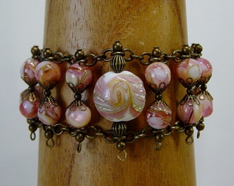 Pink Antique Brass Bead  Bracelet, Antique Brass Beaded Chain Bracelet,Pink Bracelet, Boho, Shell Bead Bracelet, Lamp Work Bead Bracelet