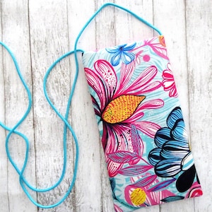 Cell Pouch, Floral Fabric Pouch, Strapped Cell Phone Purse, Eyeglass Pouch, Strapped Minimal Purse, Boho Pouch, Purple, Purse for Cell Phone