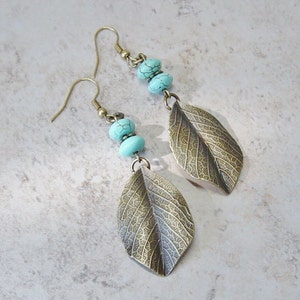 Turquoise Bead Earrings, Antique Brass Leaf Earrings, Beaded Dangle Earrings, Turquoise Earrings, Boho, Southwestern, Turquoise Magnesite