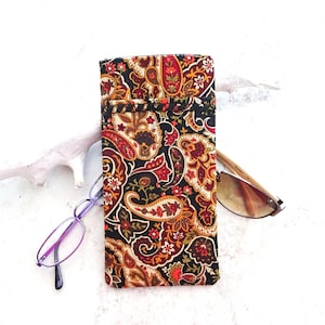 Double Pocket Eyeglass Case, Purse for Glasses, Sunglasses & Reader Glass Case, Retro, Brown Paisley Fabric Eye Wear Case, 2 Pocket Pouch