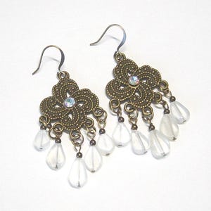 Antique Brass Moonstone Chandelier Earrings: Bohemian Dangle Jewelry