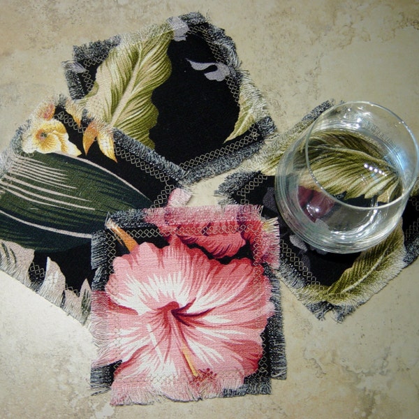 Tropical Coaster Set - Bark cloth Fabric Coasters - Set of 4 Coasters - Hibiscus  Floral - Host Gift - Housewarming - Beach House Coasters