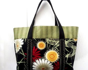 Black Floral Fabric Tote Bag: Cottage Chic Project Bag