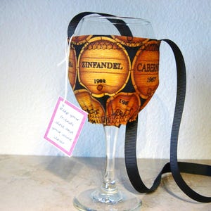 Wine Glass Necklace - Hands Free Glass Holder - Wine Keg Fabric - Wine Party Favor - Wine Tasters Gift - Fabric Wine Glass Hammock