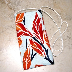 Tropical Batik Cotton Cell Phone Pouch, Eyeglass Bag, Extra Pocket Necklace, Minimal Purse, Gift for Her, Strapped Fabric Pouch