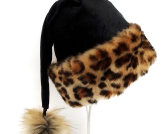 Black Leopard Faux Fur Santa Hat: Novelty Christmas Costume