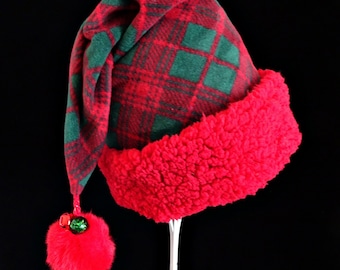 Red Plaid Fleece Santa Hat, Faux Fur Trim, Jingle Bells, Slouch Stocking Style