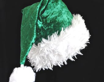 Green Panne Velvet Santa Hat, Faux Fur Brim