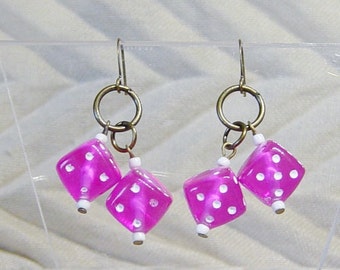 Pink Dice Bead Earrings, Antique Brass Beaded Earrings, PInk Dice, Dice Earrings, Gamblers Gift, Casino, Retro, Pink Lady Costume