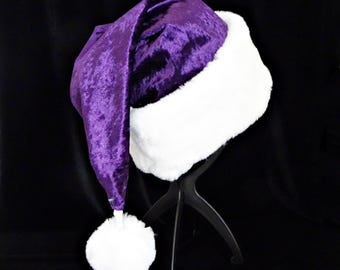 Purple Velvet Santa Hat: White Faux Fur Trim, Adult Costume