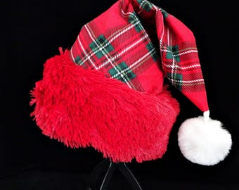 Red Stewart Plaid Santa Hat: Red Faux Fur Trim, Adult Costume