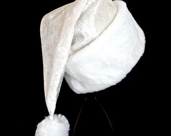 Champagne Beige Crushed Velvet Santa Hat: Faux Fur Trim, Novelty Christmas Costume