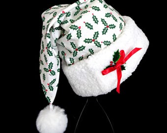 Green Holly Cotton Flannel Santa Hat, White Sherpa Faux Fur Trim, Christmas Novelty Headwear