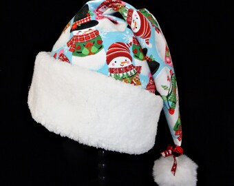 Snowman Print Santa Hat, Sherpa Faux Fur Brim, Jingle Bell Pom