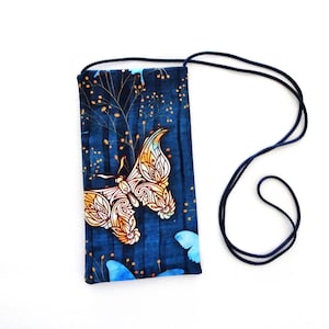 Butterfly Cell Phone Pouch - Strapped Minimal Purse - Eyeglass Purse - Extra Pocket Pouch - Blue Fabric Pouch -Carry Essentials Purse