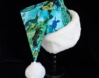 Sea Turtle Santa Hat, Coastal Christmas Flannel, White Faux Fur Trim