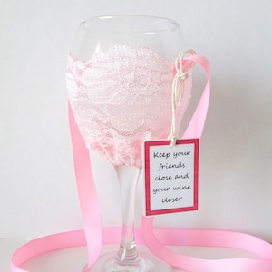 Wine Glass Holder Necklace - Pink Lace Wine Glass Holder - Wine Drinkers Gift -  Wine Cozy Party Favor - Pink Lace - Bachelorett Party Favor