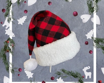 Red Buffalo Check Santa Hat: Farmhouse Christmas Flannel with Faux Fur