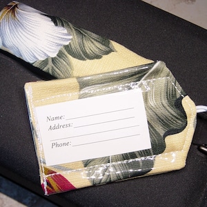 Travel Luggage ID Gift Set -Tag & Luggage Handle Wrap - Tropical Yellow Bark cloth Floral Fabric - Hawaiian - Luggage MarkerTags