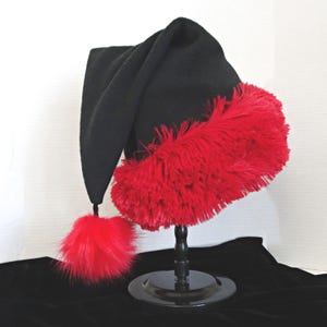 Black Fleece Santa Hat, Red Faux Fur Trim, Adult Costume
