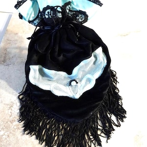 Black Velour Drawstring Purse, Beaded Aqua Applique Purse, Victorian Style Black Fringed Pouch Handbag, Evening Bag, Gilded Age Costume Bag