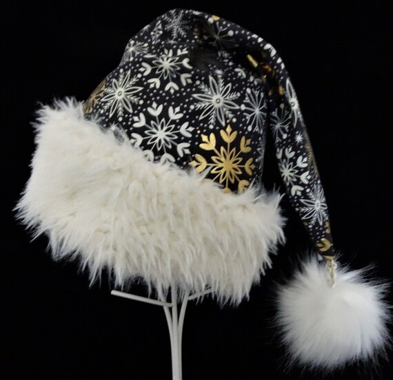 Black Santa Hat With Gold Metallic Snowflakes Novelty Santa Claus