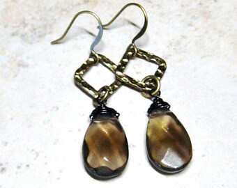 Smoky Quartz Antique Brass Beaded Earrings, Boho