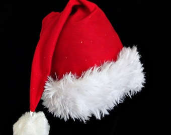 Gorro de Papá Noel rojo brillante, ribete de piel sintética, disfraz de Navidad