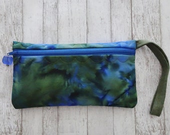 Blue Batik Fabric Wrist Carry Purse, Small Zippered Cell Phone Purse, Essentials Purse, Tropical, Wristlet Purse, Eyeglasses Purse