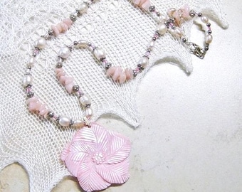 Pink Mother of Pearl Shell Tropical Hibiscus Flower Pendant Necklace, Freshwater Pearl, Boho Beach