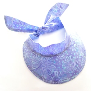 Sun Visor Hairband, Tropical Batik Fabric Visor, Adjustable Tie Headband Visor, Summer Hat, Beach Hat, Pastel Purple Adult Size Visor