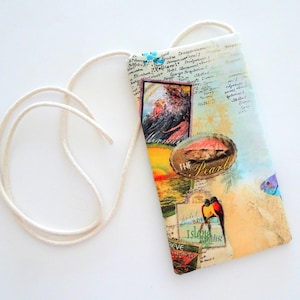 Tropical Island Cell Phone Pouch: Vintage Map Fabric Necklace Bag