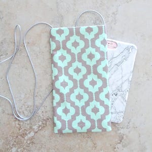 Cell Pouch, Cell Phone Case, Eyeglass Pouch, Boho, Aqua Blue & Gray Geometric Fabric Purse, Cross Body Pouch, Pocket Necklace, Pouch
