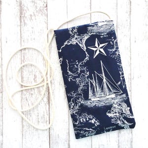 Pochette pour téléphone portable - Porte-monnaie en tissu bleu marine nautique - Porte-monnaie pour téléphone - Porte-monnaie pour lunettes - Sac à main bohème - Sac avec collier en tissu - Pochette à sangle