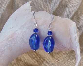 Blue Glass Bead Earrings, Silver Earrings, Cobalt Blue Earrings, Prom, Wedding, Bridesmaid Earrings