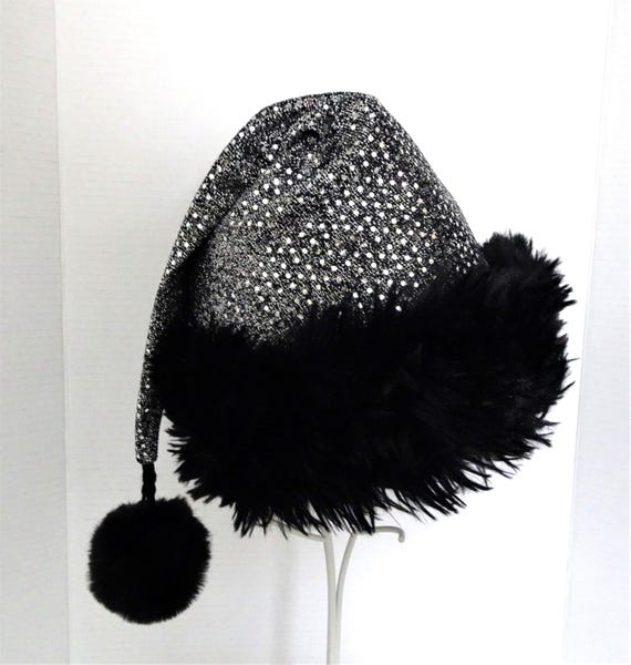 Metallic Silver Dotted Santa Hat: Black Faux Fur Trim, Adult