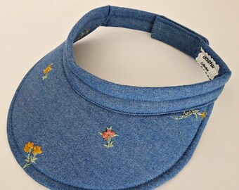 Floral Embroidered Blue Denim Fabric Sun Visor: Adult Size Adjustable Large Brim