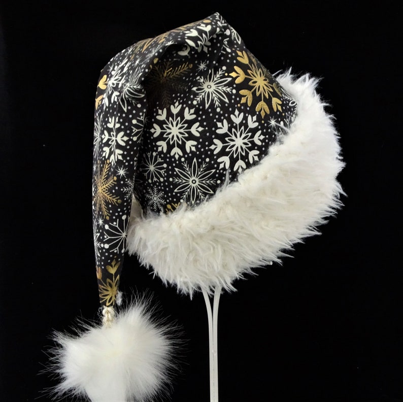 Black Santa Hat With Gold Metallic Snowflakes Novelty Santa Etsy