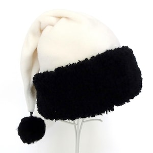 Ivory Fleece Santa Hat with Black Faux Fur Pompom - Adult Christmas Costume