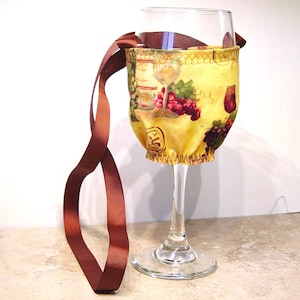 Wine Glass Necklace - Hands Free Glass Holder - Wine Topics Fabric - Wine Taster's Gift - Wine Party Favor - Hostess Gift -Wine Drinker Gift