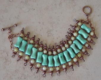 Turquoise Bead Antique Copper Bracelet, Magnesite Bead Bracelet, Olive Green Jade Bead Copper Bracelet, Boho, Southwestern, Hippie