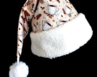 Novelty Coffee Cup Fabric Santa Hat, Cozy Flannel, Faux Fur Brim, Adult Size