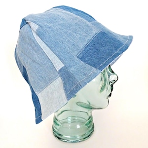 Reversible Blue Denim Patchwork Bucket Hat:  Blue White Dot Cotton Sun Hat, Adult Size